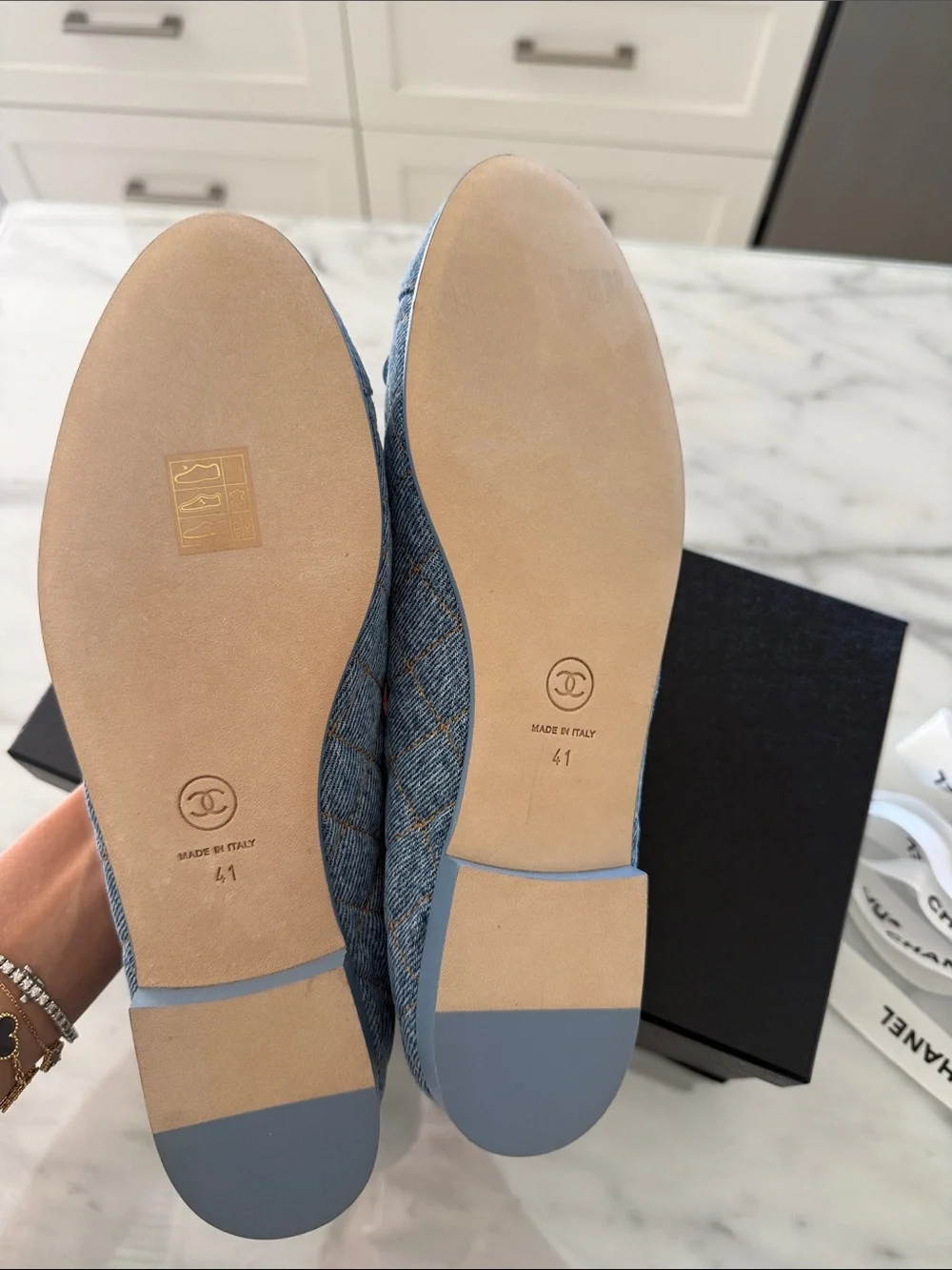 CHANEL Light Blue Quilted Denim Ballet Flats with Bow